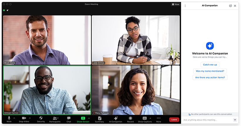 Image of Zoom interface showing the AI Companion side panel