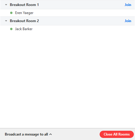 Screenshot of the Breakout room in progress where a host can manage and close the rooms.