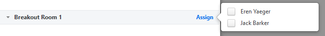 Screenshot of assigning participants to an example breakout room 1, two participants are selectable.