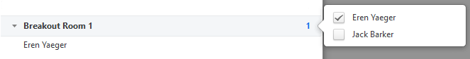 Screenshot of the previous breakout room selection menu with 1 participant selected to be assigned to the room.
