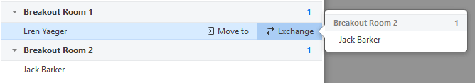 Screenshot of the Zoom breakout rooms menu allowing a host to exchange particpants to different rooms.