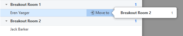 Screenshot of the Zoom breakout rooms menu allowing a host to move participants to different rooms.