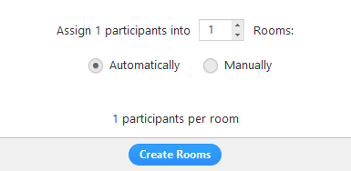 Screenshot of the Create Breakout Rooms window showing how many rooms will be created and the number of participants per room.