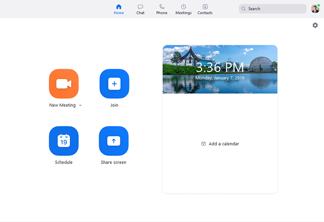 Screenshot of the Zoom desktop app window.  Showing the New Meeting, Join, Schedule and Share Screen buttons.