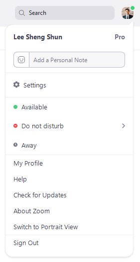 Screenshot of the Zoom desktop app settings sub-menu.