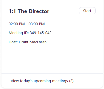 Screenshot of an example upcoming meeting in the Zoom desktop app.