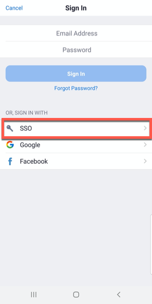 Screenshot of the Zoom login screen on a mobile device.  The SSO option is highlighted.
