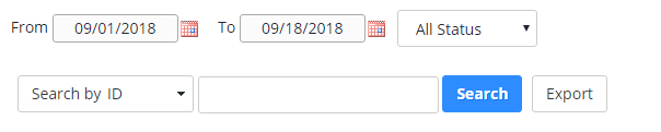 A screenshot of search criteria options. From and To date picker fields and All Status drop down list is is displayed at the top. Search by ID dropdown list, a search text box with Search button and an Export button is displayed at the bottom part of the screenshot.